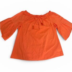Hale Bob Orange Off Shoulder Bell Sleeve Top Drawstring Tassels 100% Cotton